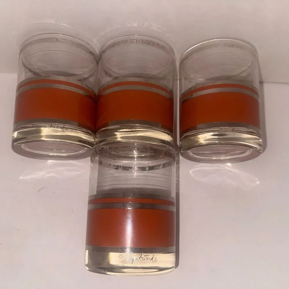 Set 4 Georges Briard Orange Silver Stripe Mid Century Rocks Glasses MCM Signed